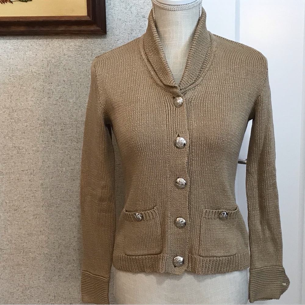 Lauren Ralph Lauren Tan Cotton Cowl Neck Gold Button Cardigan Sweater Size P/P